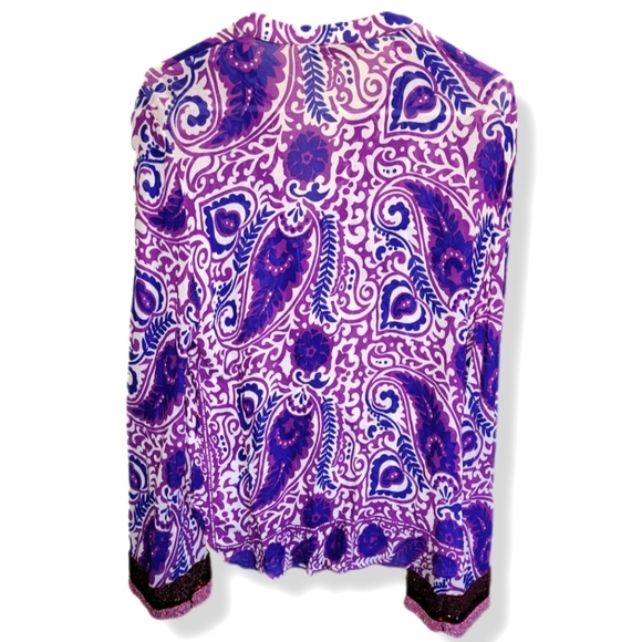 Zara Vibrant Purple Paisley Boho Long Sleeve V Neck Blouse with Beaded Sleeves - Picture 3 of 12